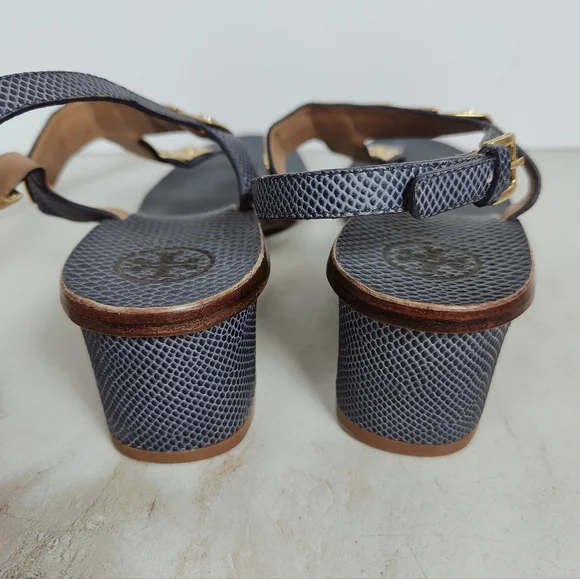 Tory Burch Navy Snake Print Leather Studded T-strap Block Heel Sandals, 10.5 - Picture 9 of 15